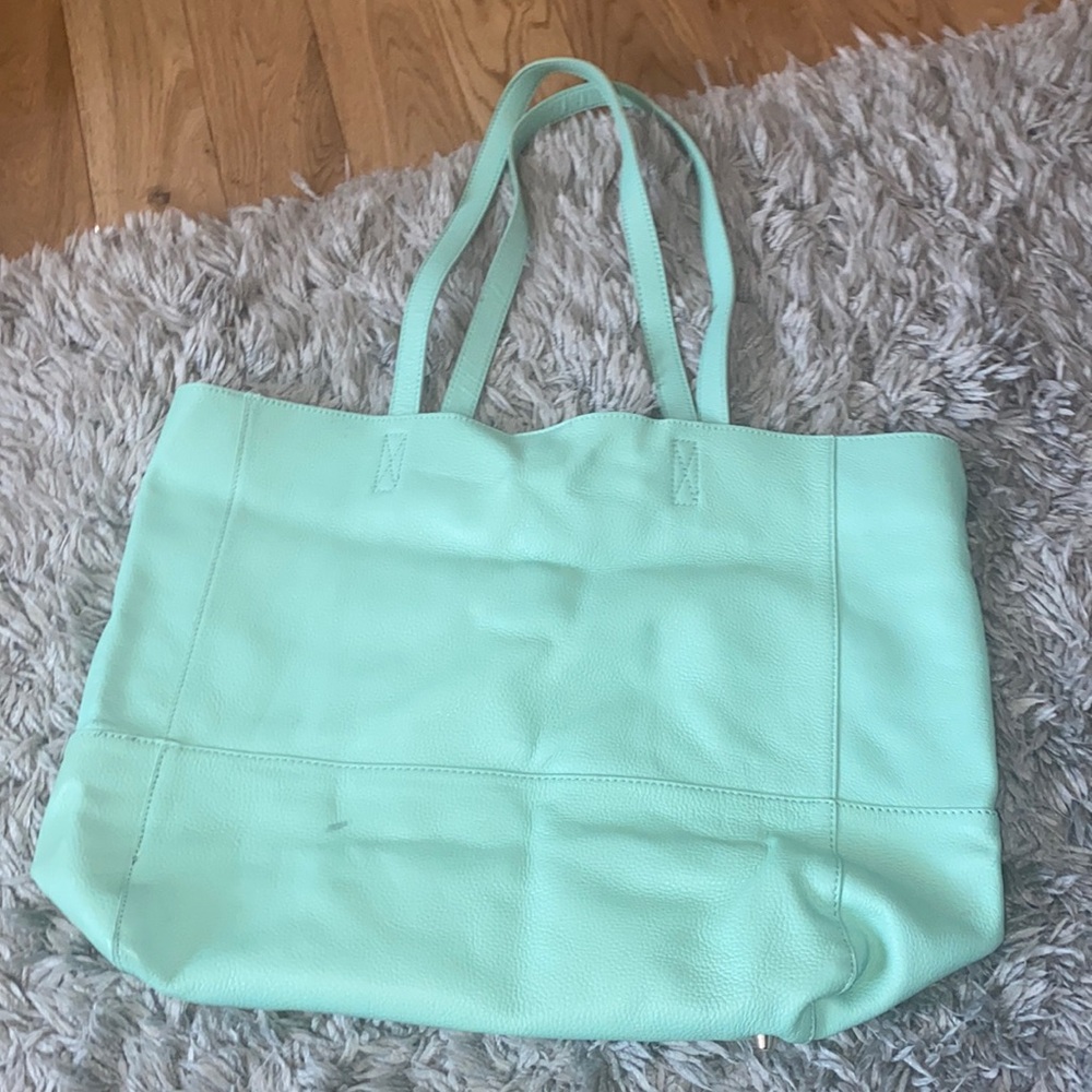 Saks Fifth Avenue Mint Green Leather Tote Bag
